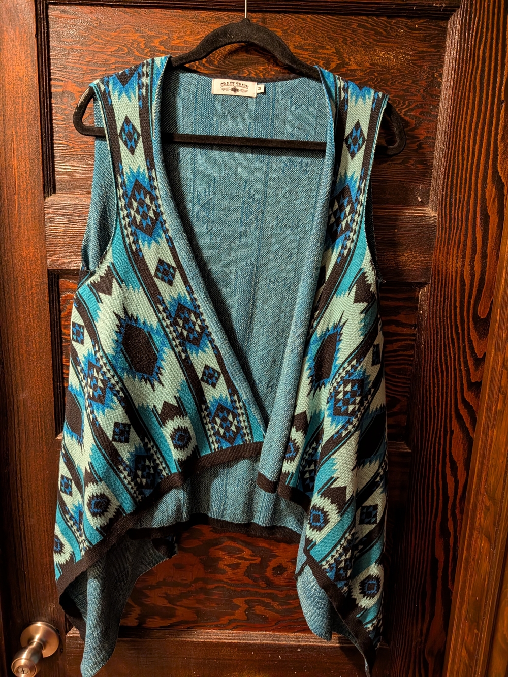Crazy Train Teal & Black Aztec Open Front Vest